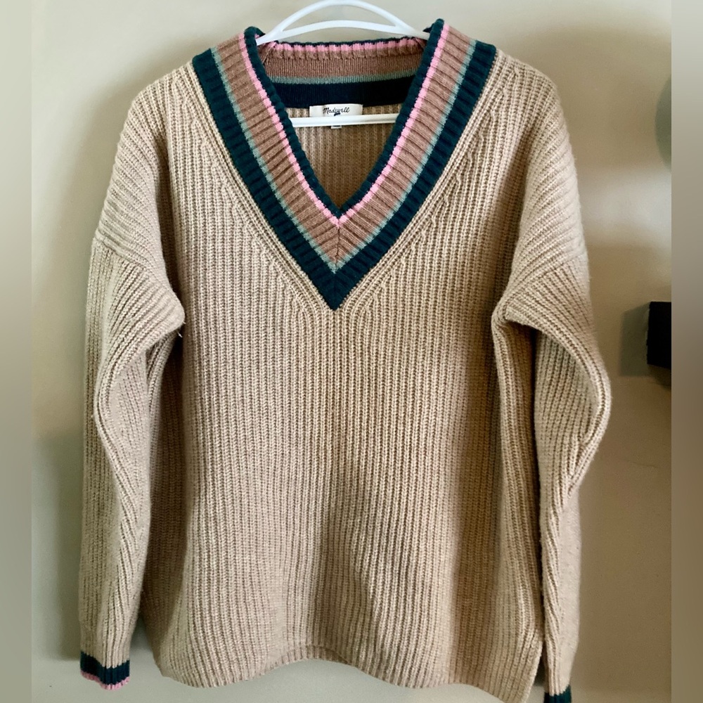 Madewell Beige V-Neck Sweater with Green and Pink Trim